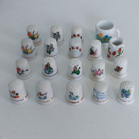 Vintage Other - Vintage Lot of 17 Porcelain Thimbles and 2 Other Items West Germany SpongeBob